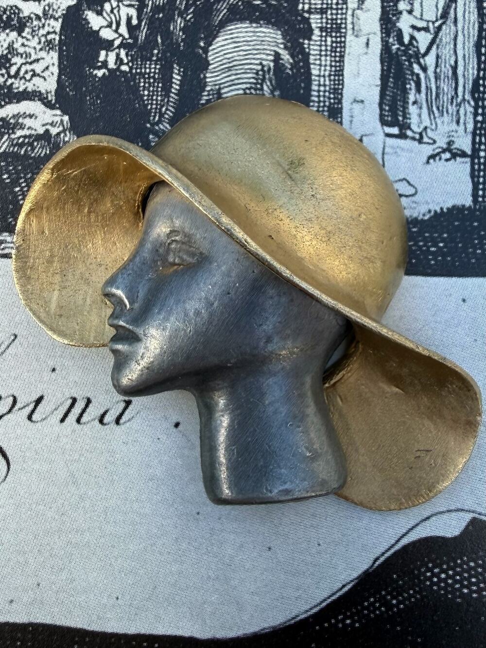 Vintage Ultra Craft Lady Face Profile Sun Hat Brooch Pin Art Deco Figural